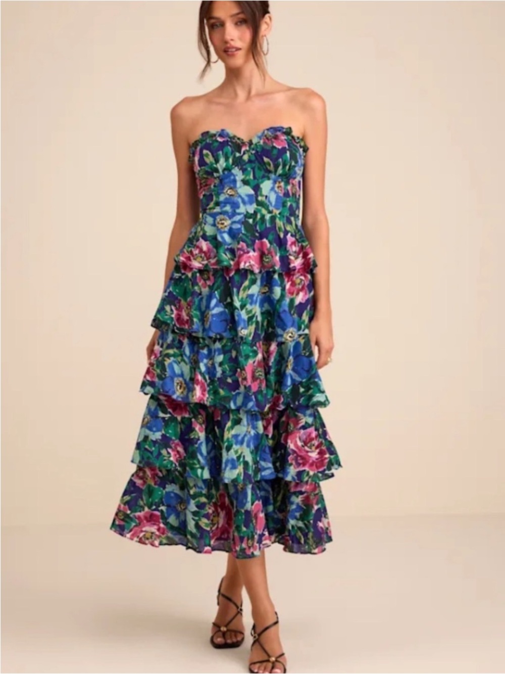 New Lulus Naya Floral Strapless Tiered Midi Dress - Blue/Pink Sz XL